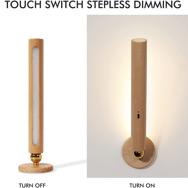 360° Rotatable Wooden LED Wall Lamp - Magnetic Detachable & Stepless Dimming Rechargeable Wall Light