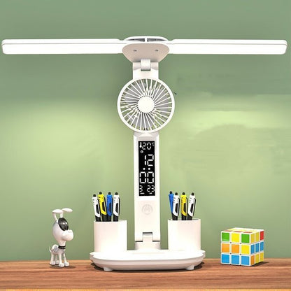 3-in-1 Multifunction LED Table Lamp - Four-Headed Folding Design with Fan, Calendar, Clock, USB Rechargeable Desk Light, and 3-Color Reading Lamp